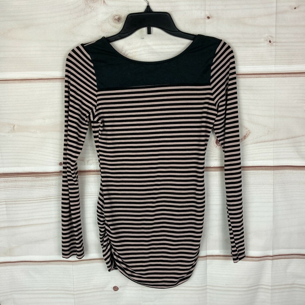 Bar III Top Womens Small Stripe T-Shirt Ruched Side Scoop Back Long Sleeve Knit